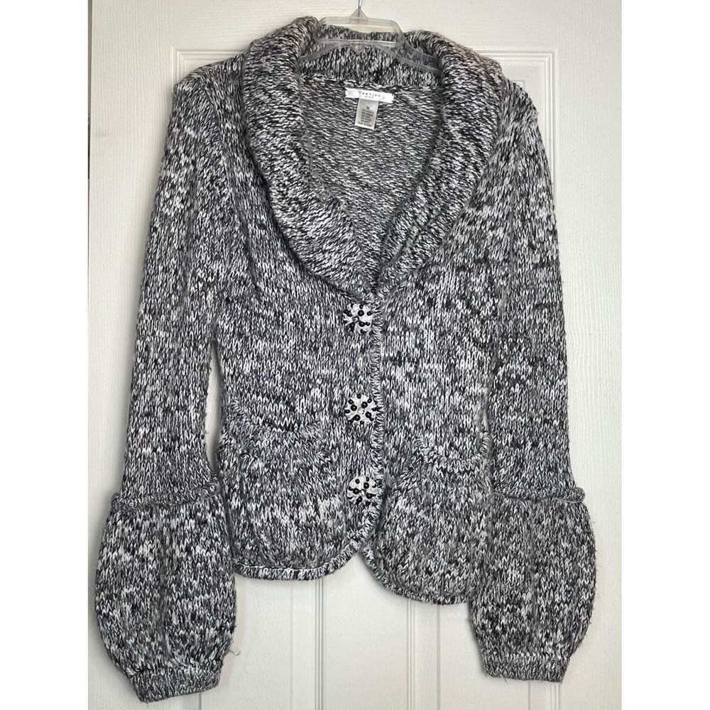 Vintage Vertigo Paris Marled Knit Cardigan Black White Beaded Buttons Medium